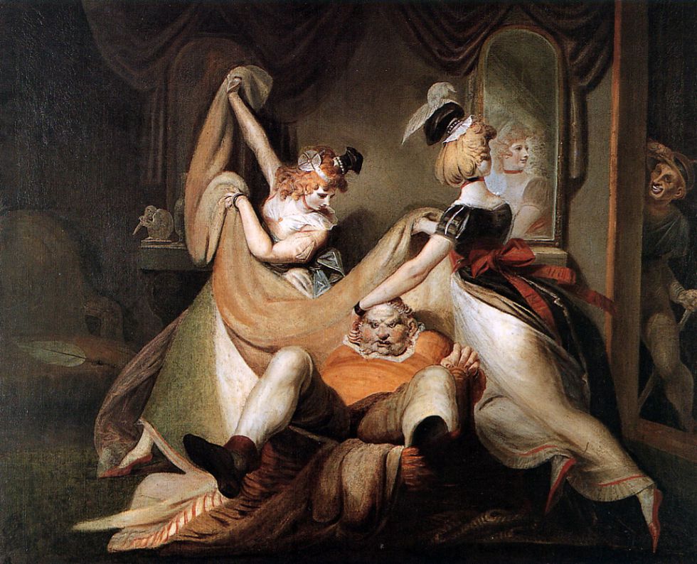 Cuadro de Johann Heinrich Füssli inspirado en una obra de Shakespeare: 'Falstaff descubierto en la cesta de la ropa' (1792)
